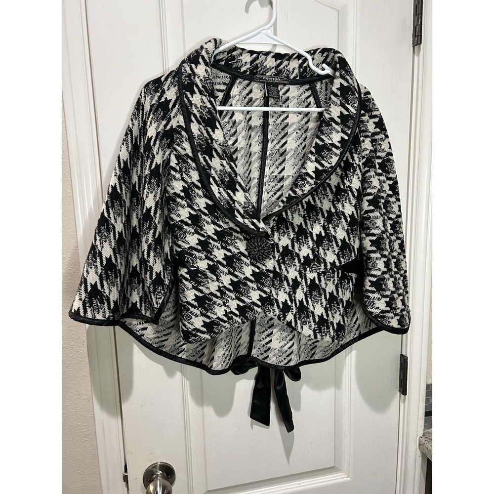 Vertigo Cape Jacket Brown/Beige Herringbone Print Collared Ribbon Belt Snap Sz M